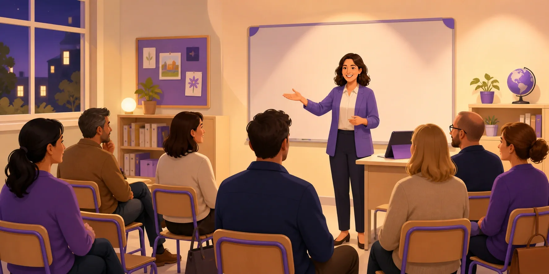 Docente accoglie i genitori in aula la sera delle elezioni dei rappresentanti di classe