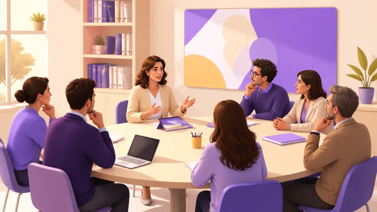 Genitore rappresentante di classe parla durante il consiglio di classe con i docenti seduti al tavolo