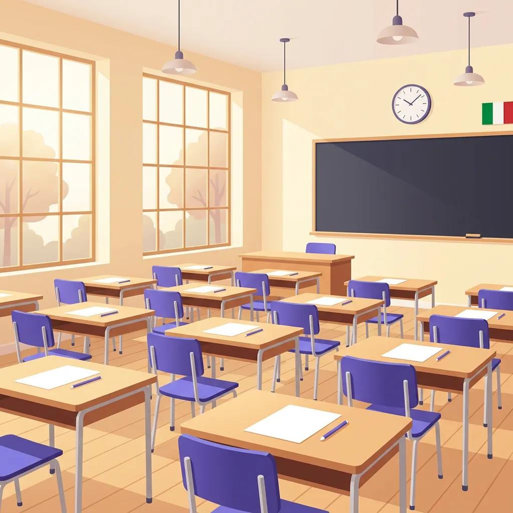 Aula scolastica italiana preparata per la prima prova scritta dell'esame di stato 2026 con banchi distanziati