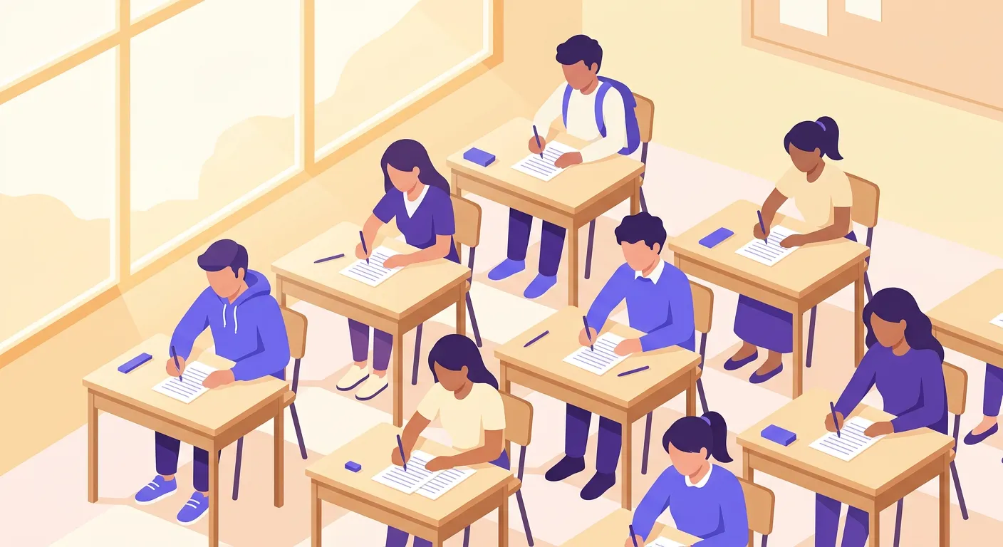 Studenti italiani durante prima prova scritta esame di stato 2026 in aula scolastica luminosa