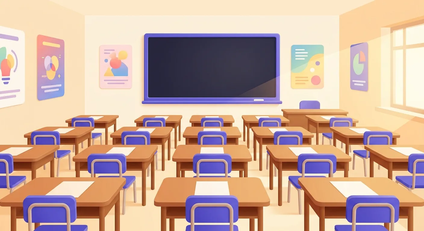Aula scolastica scuola media italiana preparata per l'esame di terza media con banchi distanziati e cartelloni