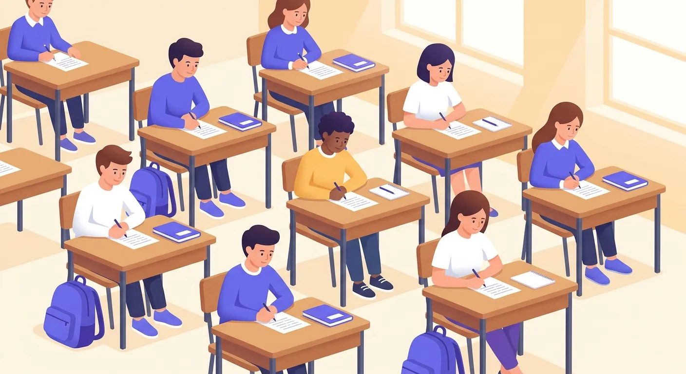 Studenti italiani durante l'esame di terza media 2026 con tema scritto in classe luminosa di scuola secondaria