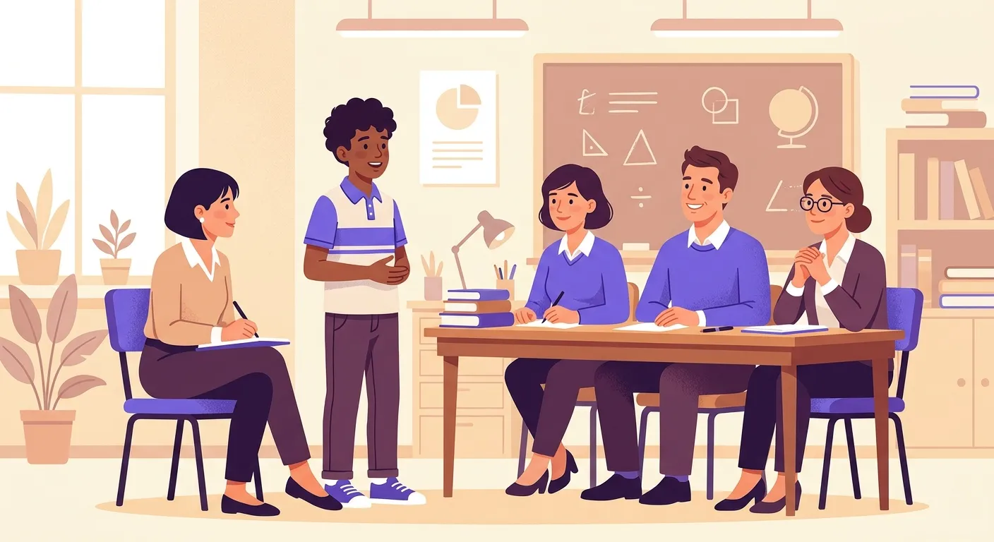 Studente scuola media italiana che sostiene il colloquio orale dell'esame di terza media davanti alla commissione