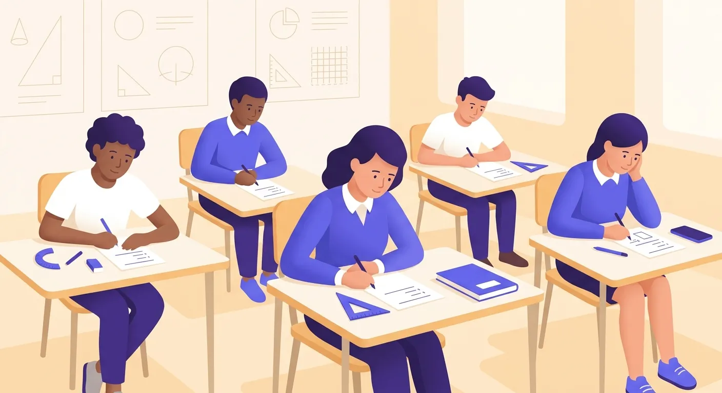 Studenti scuola media italiana che svolgono la prova scritta di matematica all'esame di terza media in aula