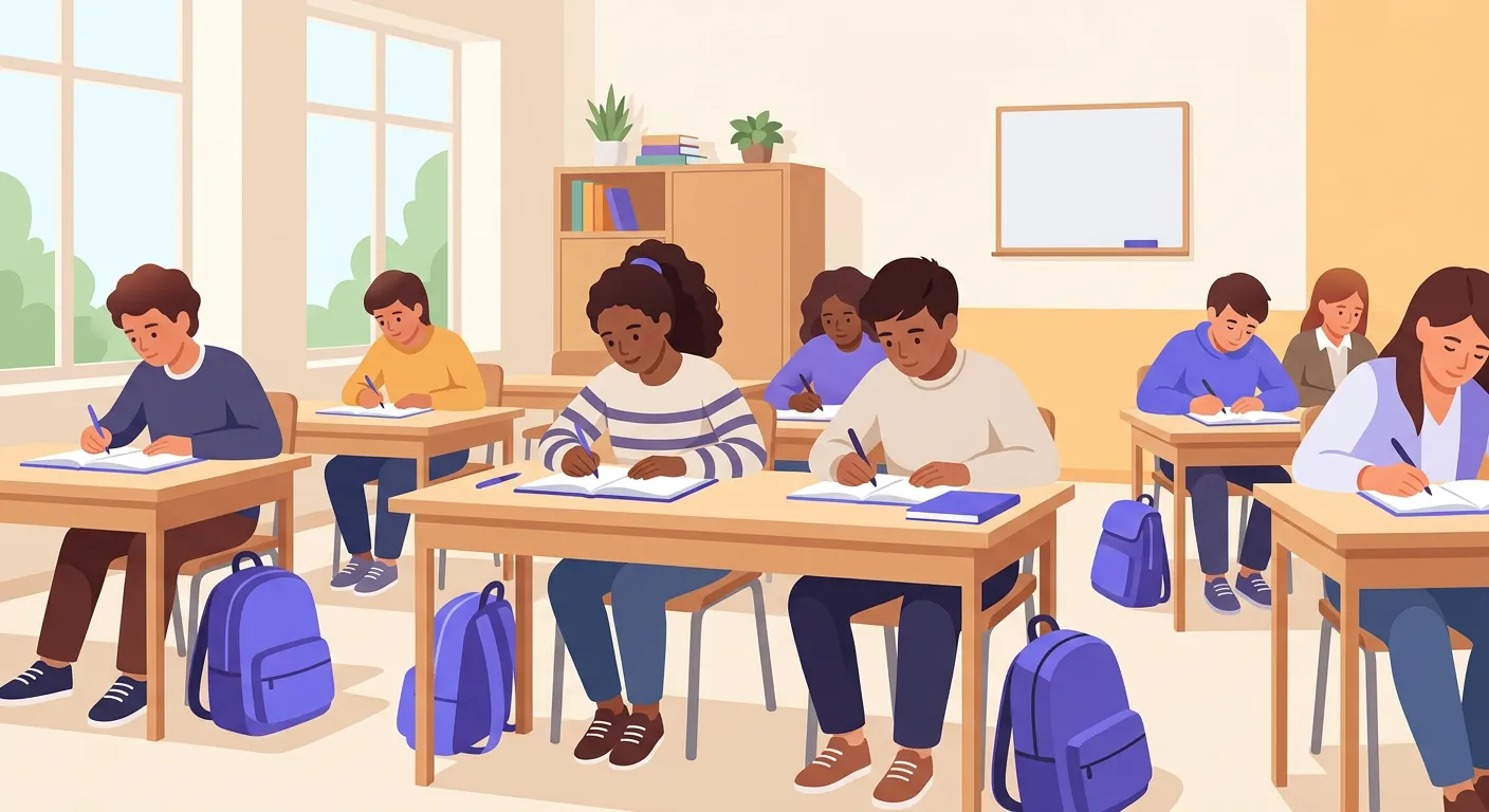 Studenti italiani durante prima prova scritta esame di terza media con quaderno e penna in aula scolastica