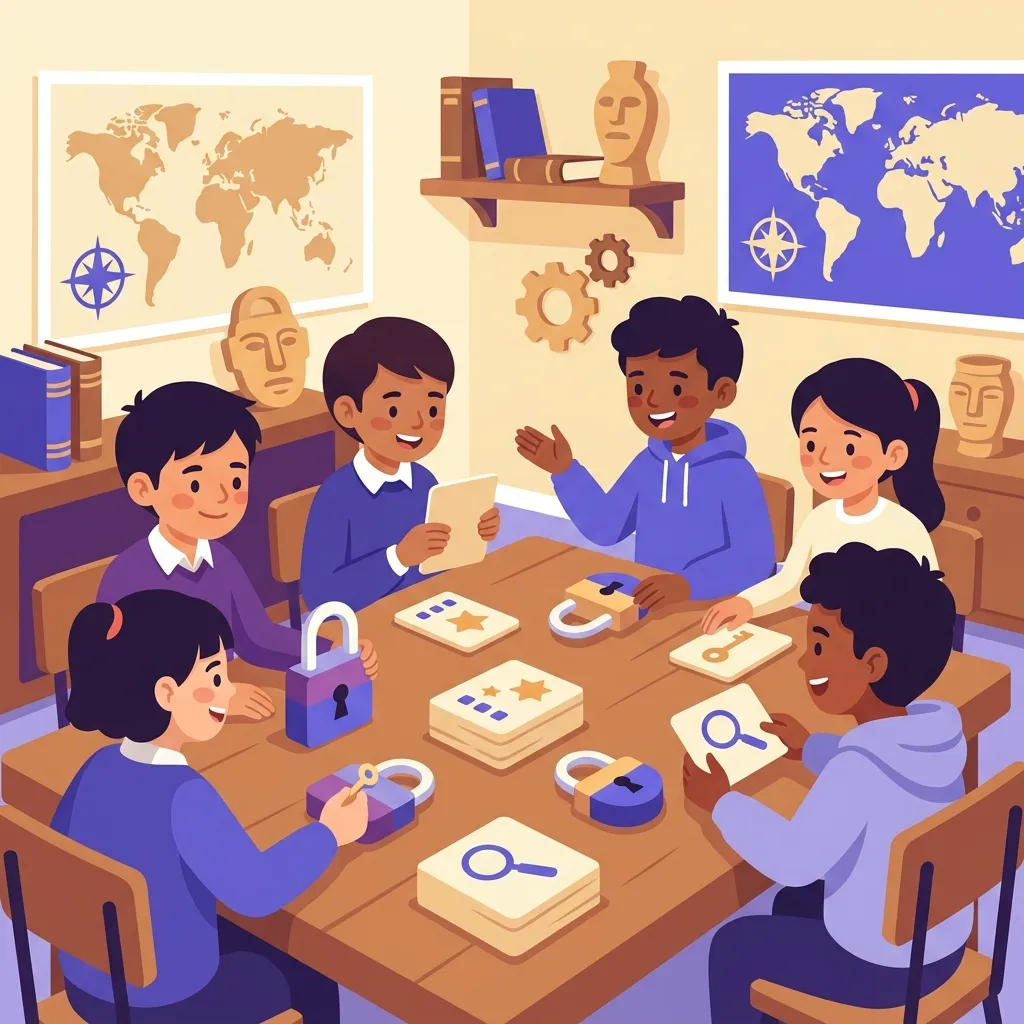 Aula scuola primaria con escape room didattica e studenti che risolvono enigmi in gruppo