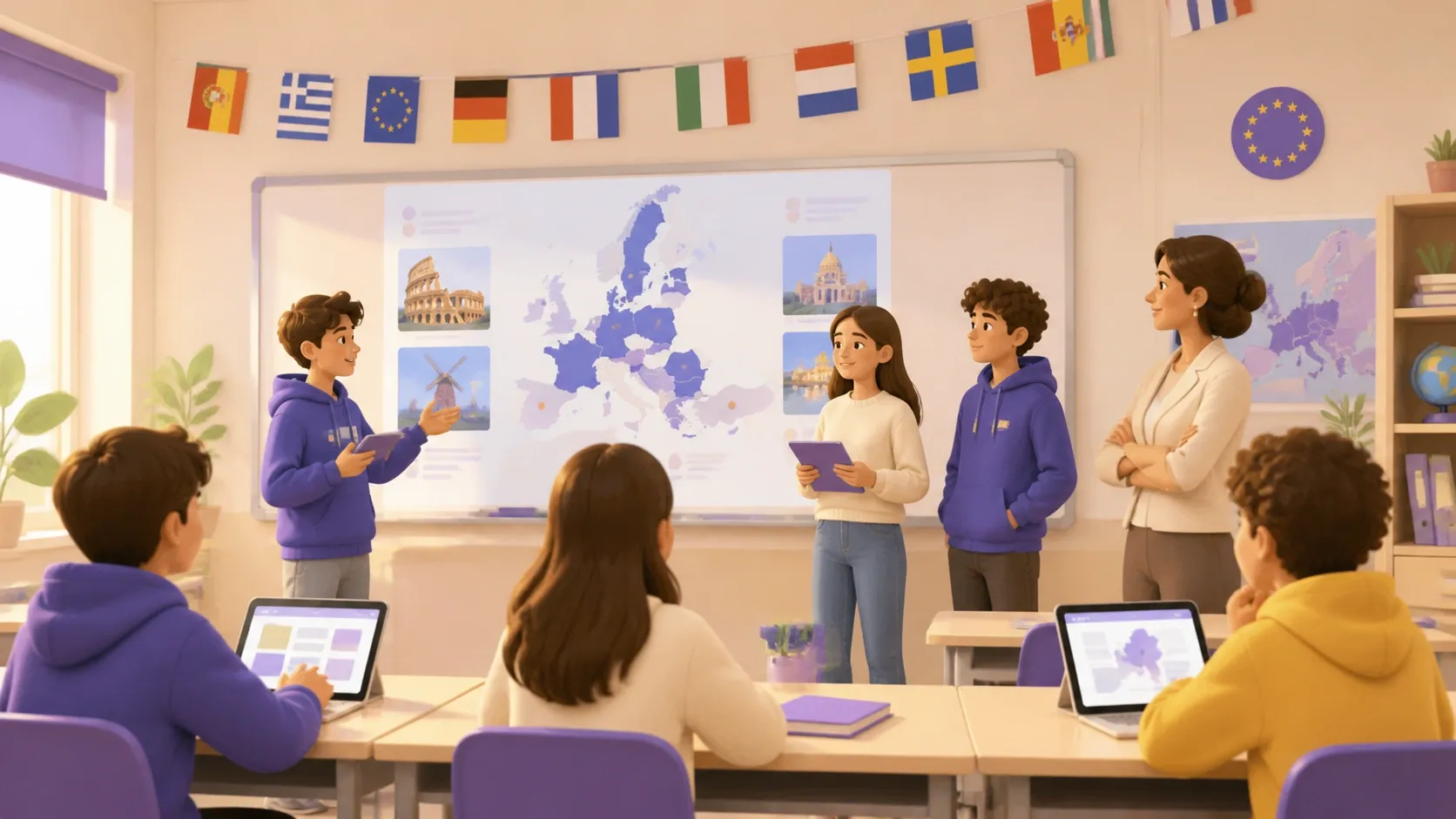 Aula con bandierine dei paesi europei mentre gli studenti presentano il progetto di gemellaggio