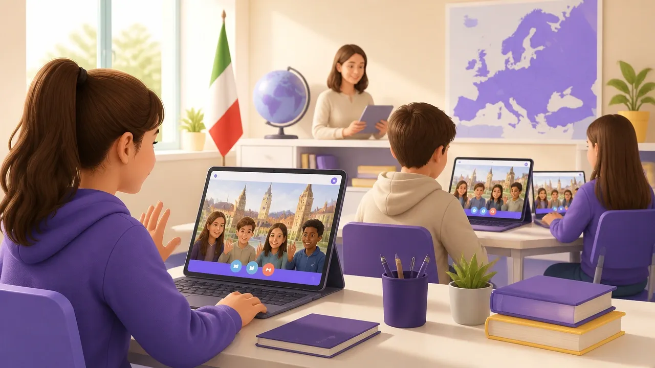 Studenti italiani lavorano al computer con i compagni di una scuola europea collegati sullo schermo