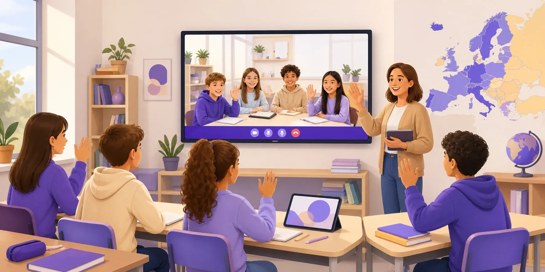 Classe italiana in videocollegamento con una scuola europea durante un progetto eTwinning