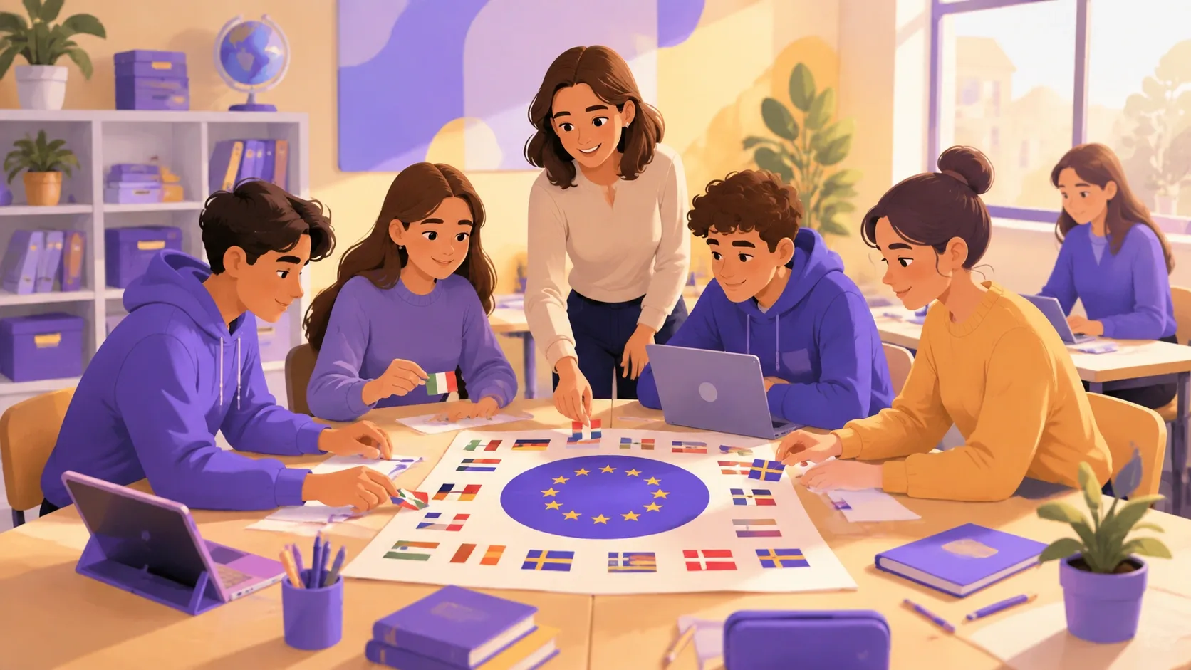 Gruppo di studenti costruisce insieme il prodotto finale di un progetto scolastico internazionale