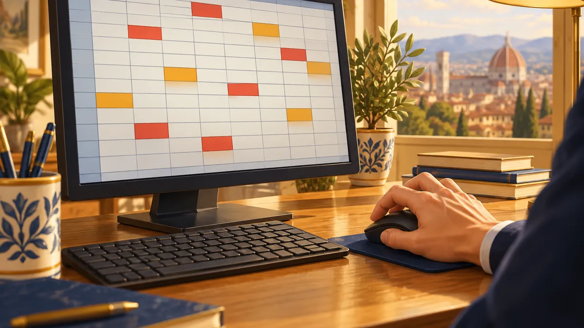Monitor con un foglio Excel pieno di celle evidenziate in rosso e arancione e una mano preoccupata sul mouse