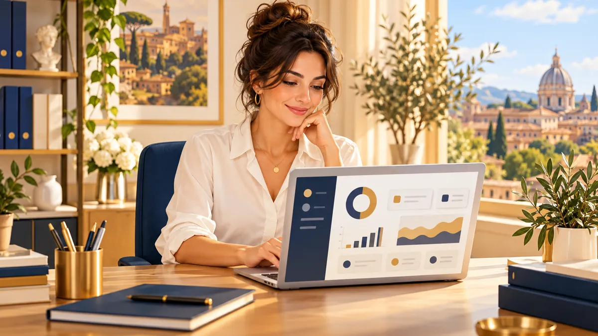 Segretaria serena in un ufficio luminoso usa un gestionale ordinato al posto del vecchio file Excel