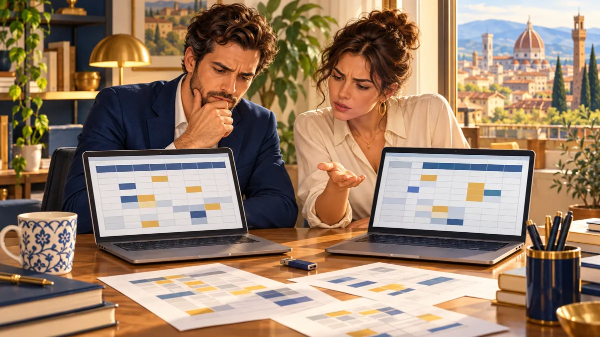 Due colleghi confrontano due copie diverse dello stesso gestionale Excel su due laptop