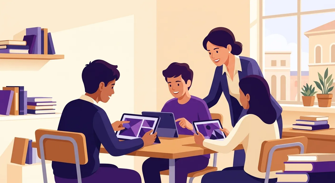 Studenti italiani lavorano in gruppo con tablet in flipped classroom, docente li affianca