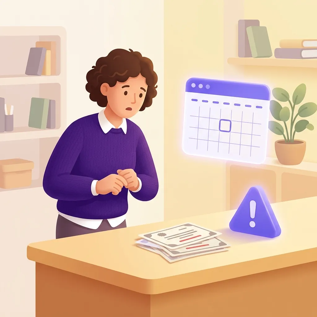 Docente sorpreso davanti a documenti formazione scaduti con simbolo attenzione viola
