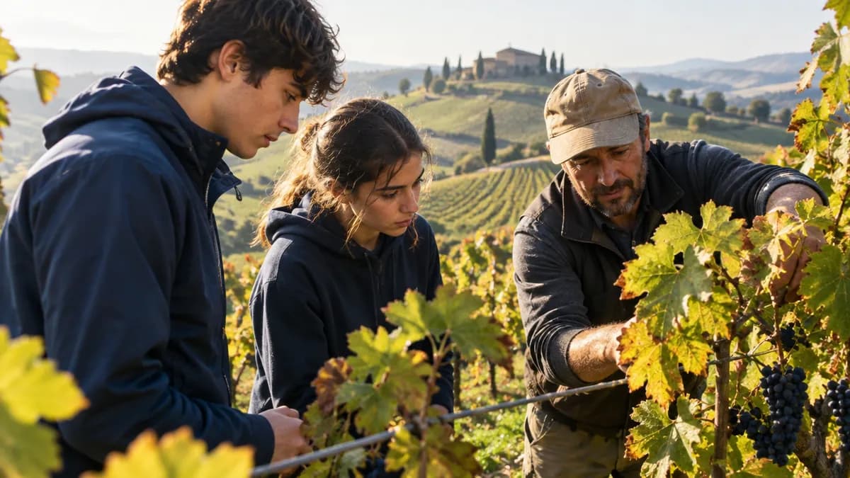 Due studenti delle superiori in formazione scuola-lavoro in un vigneto con l'agricoltore che fa da tutor esterno