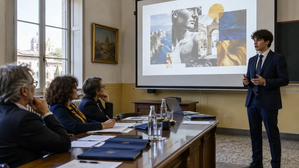 Studente al colloquio dell'esame di maturità che presenta la sua esperienza di formazione scuola-lavoro alla commissione