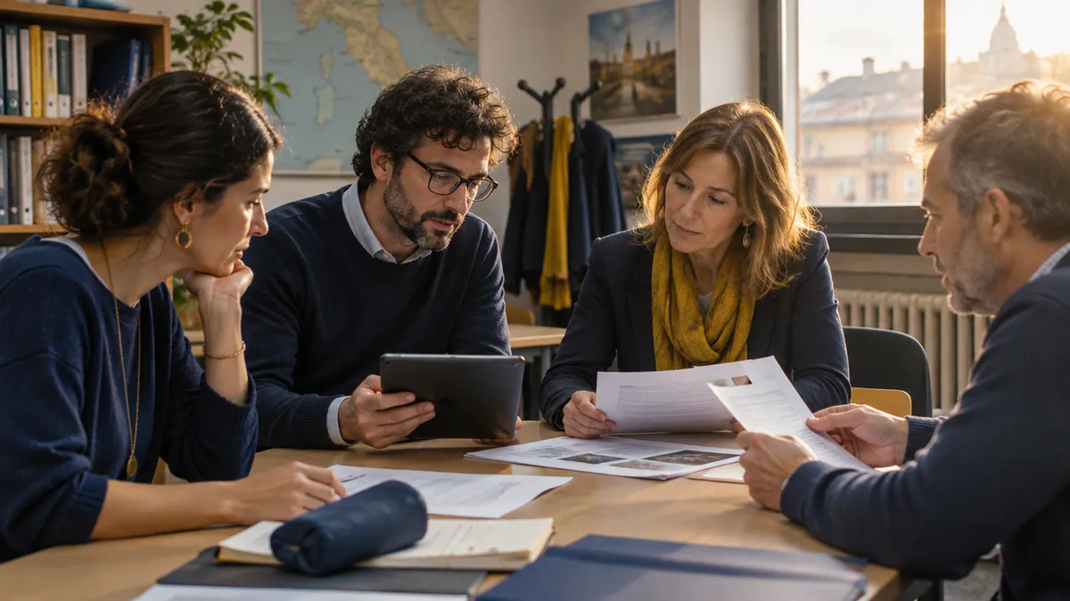 Docenti del consiglio di classe in sala docenti che controllano le ore di formazione scuola-lavoro su tablet e fogli