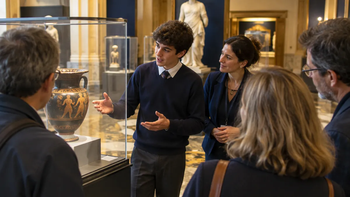 Studente del liceo fa da guida in un museo durante un percorso di formazione scuola-lavoro FSL