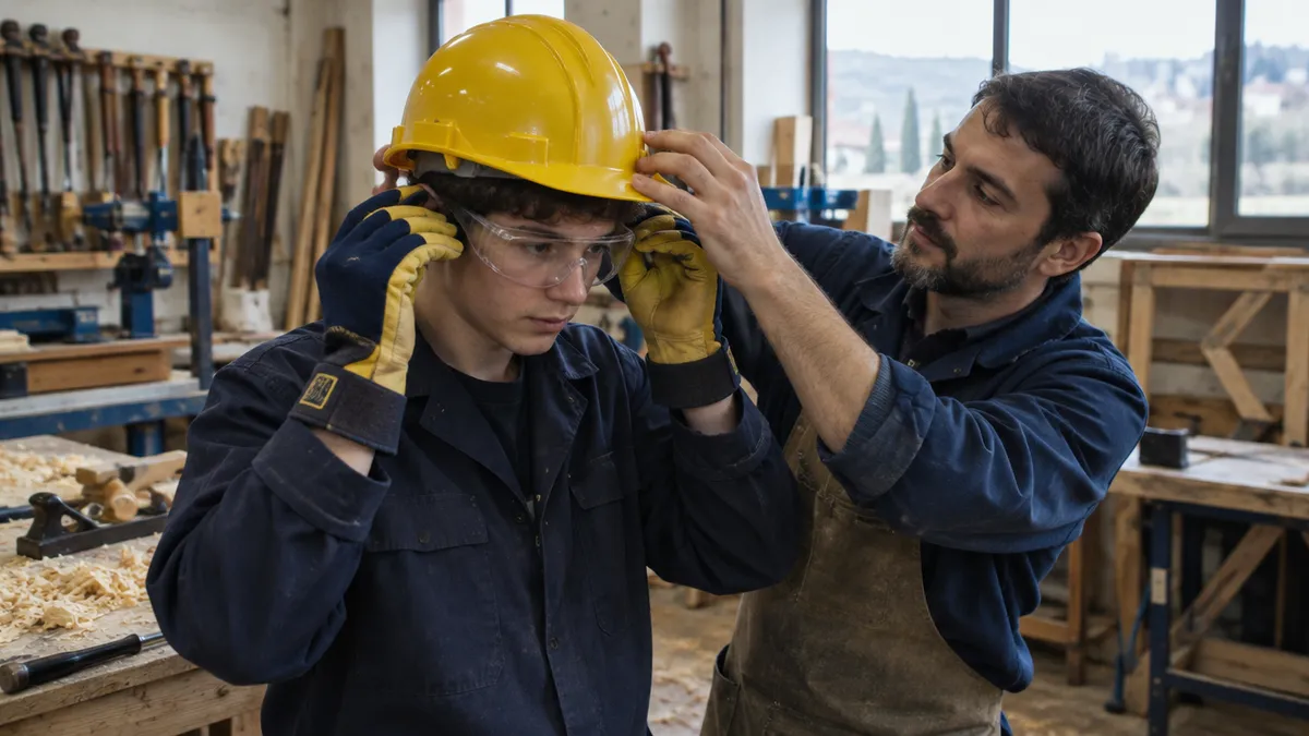 Studente indossa casco guanti e occhiali in falegnameria con il tutor esterno durante la FSL