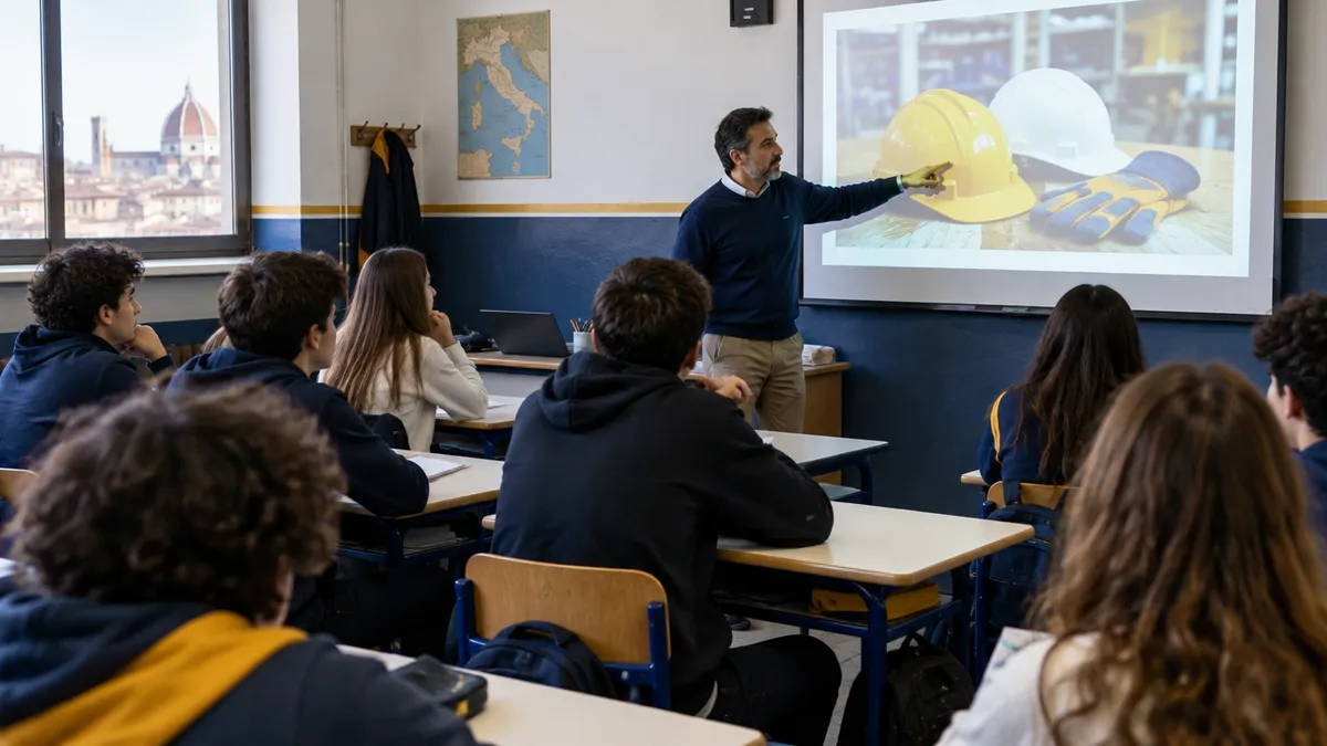 Docente spiega la sicurezza sul lavoro alla classe prima della formazione scuola-lavoro FSL
