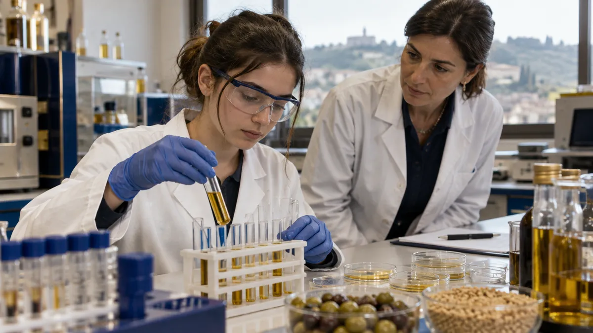 Studentessa con camice guanti e occhiali in laboratorio controllo qualità durante la formazione scuola-lavoro