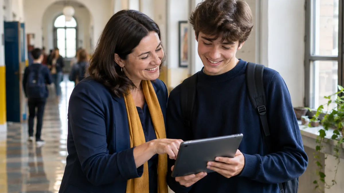 Tutor FSL e studente verificano insieme sul tablet il completamento della formazione sulla sicurezza