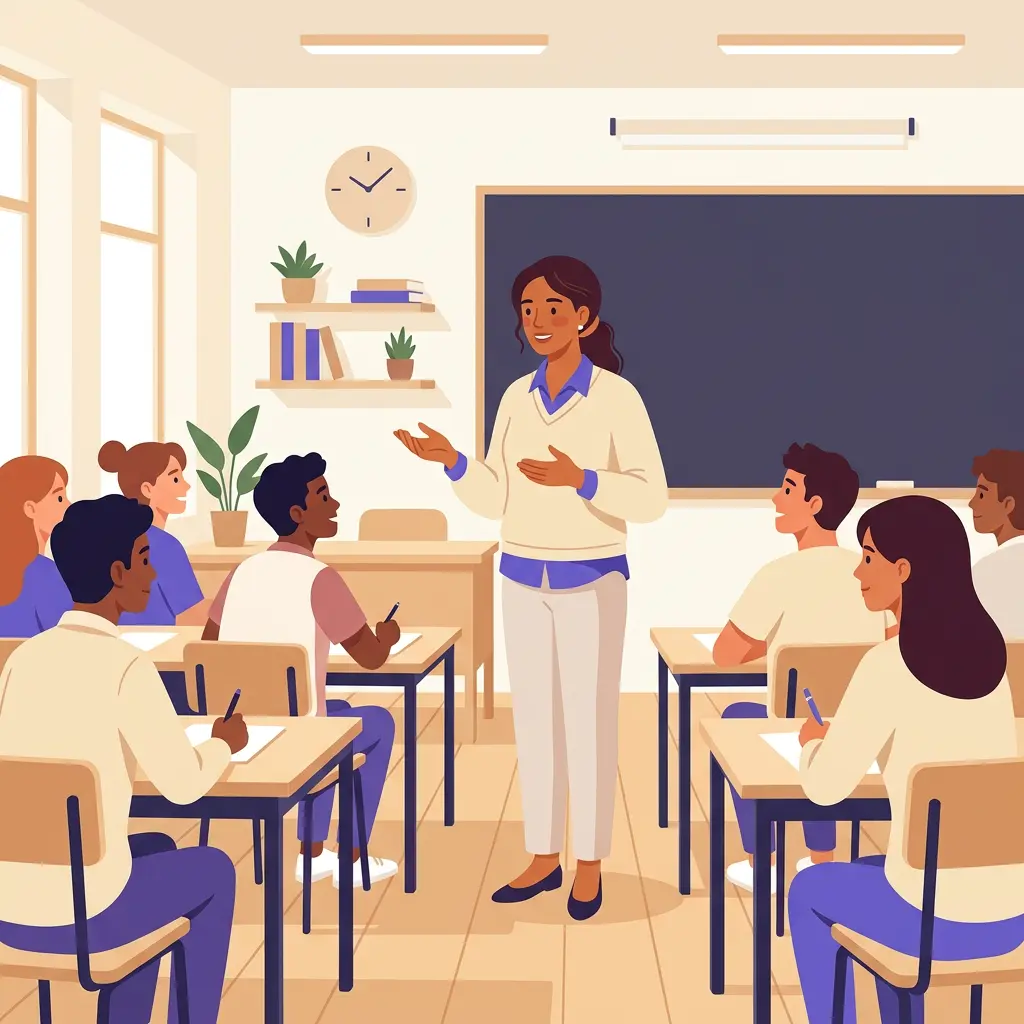 Insegnante che parla ai propri studenti in aula durante un momento di confronto a inizio lezione