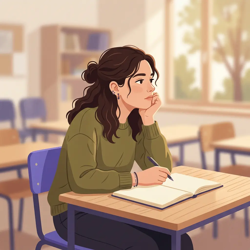 Studente adolescente seduto al banco con espressione pensierosa e quaderno aperto durante una lezione