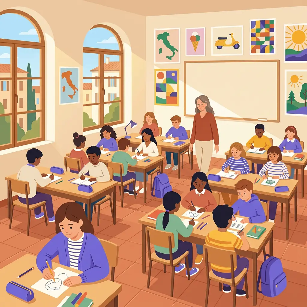 Aula scolastica con cartelloni colorati di frasi motivazionali appesi alle pareti e studenti che lavorano sereni