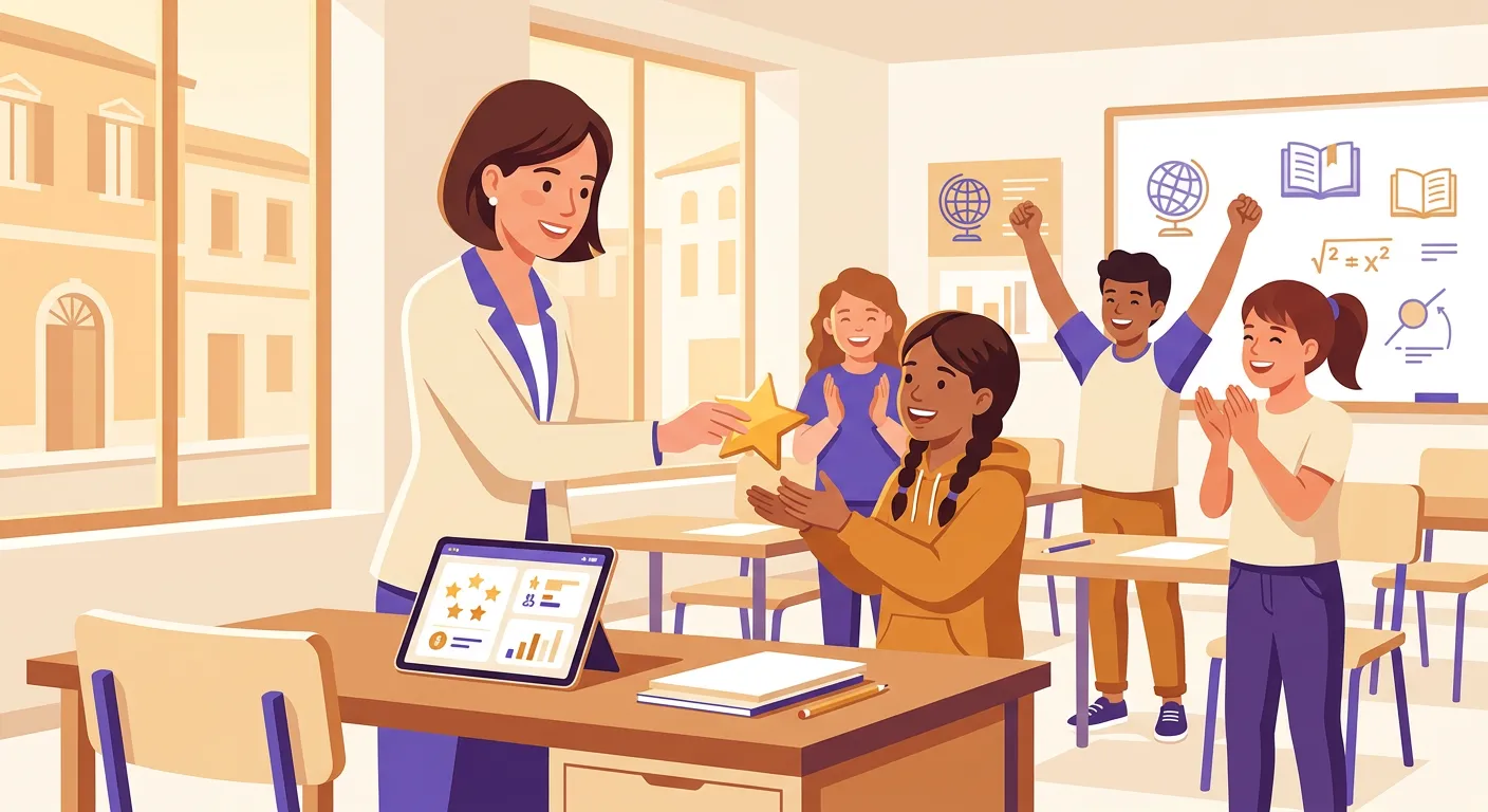 Docente che implementa esempi pratici di gamification didattica con punti e missioni in classe