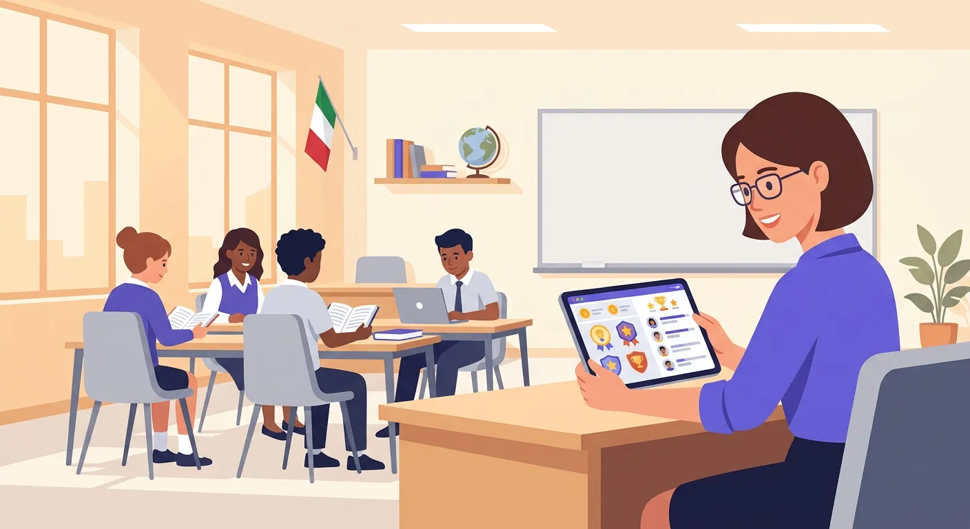 Illustrazione di gamification didattica con punti badge e classifiche in classe