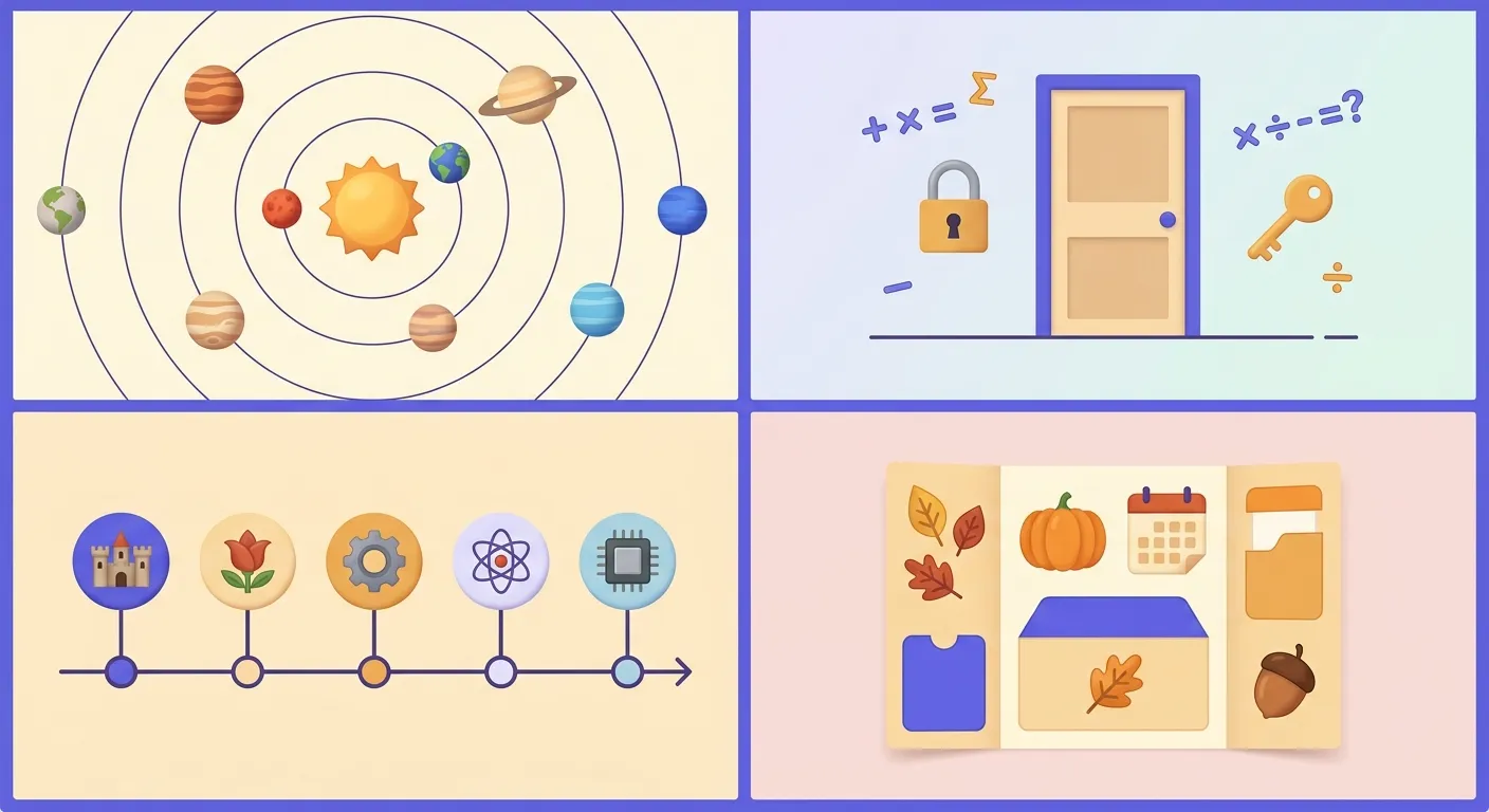 Quattro esempi Genially scuola italiana mappa solare escape matematica timeline storia lapbook autunno