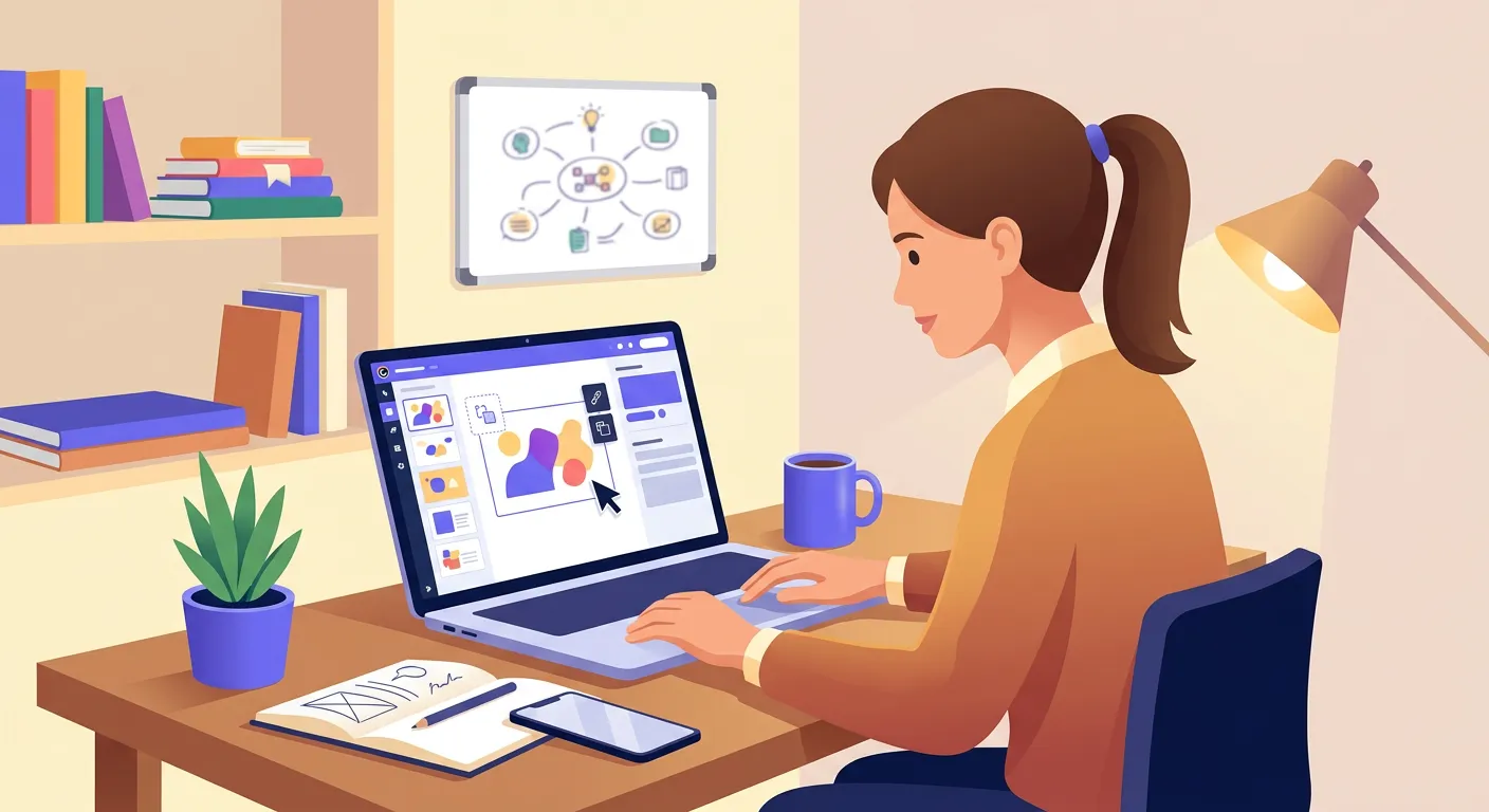 Docente italiana usa Genially su laptop per creare lezione interattiva con studenti attorno