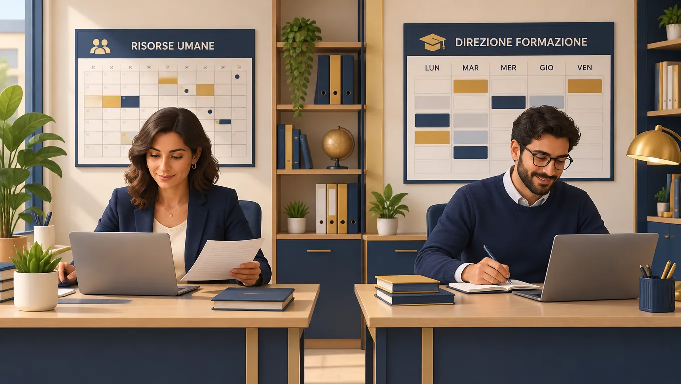 Due scrivanie affiancate: un responsabile HR con scadenze aziendali e un direttore di ente di formazione con calendario corsi