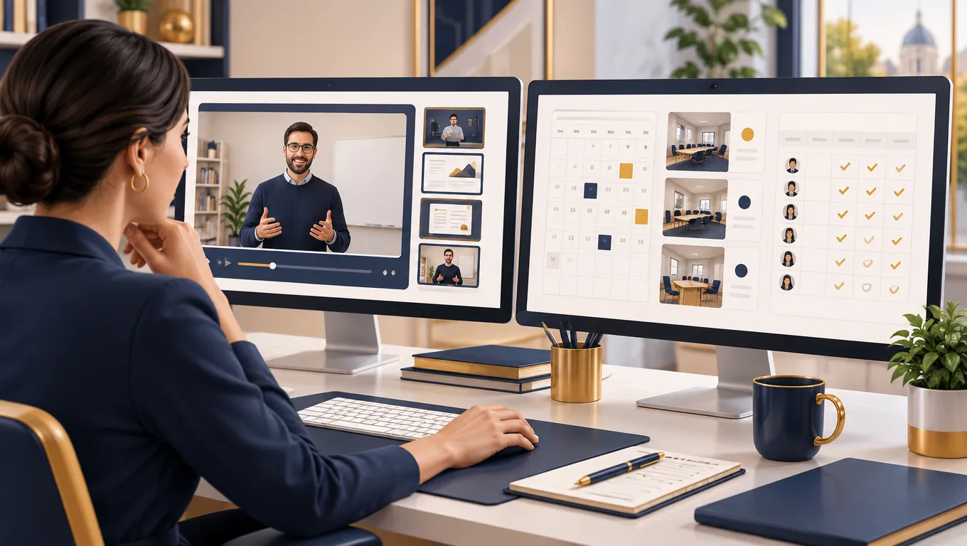 Confronto tra uno schermo con lezioni video e uno schermo con calendario, aule e registro presenze di un ente di formazione