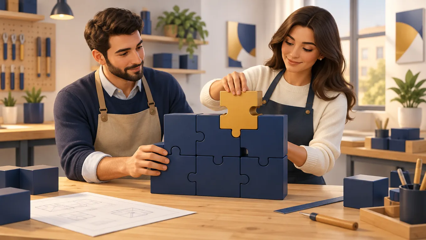 Due persone assemblano moduli software già costruiti su un banco di lavoro e aggiungono un solo pezzo nuovo