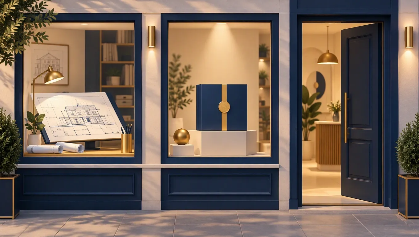 Due vetrine affiancate di software house con un progetto da zero e un pacchetto standard, e una terza porta socchiusa