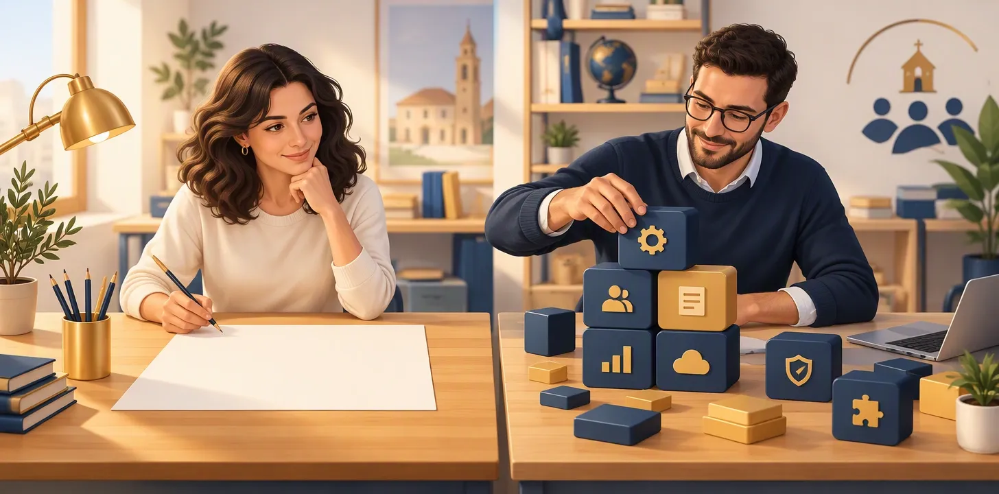 Due tavoli da lavoro a confronto: uno con un foglio bianco e uno con moduli software già costruiti da assemblare