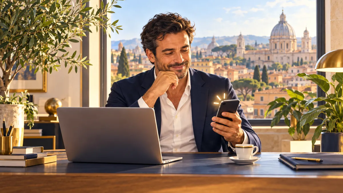 Padre in ufficio legge sul telefono l'avviso dell'oratorio sul cambio di orario della gita del figlio