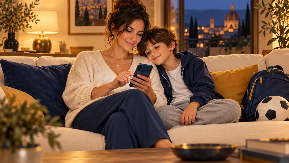 Madre sul divano compila dal telefono l'iscrizione online all'oratorio con il figlio accanto, gestionale per oratorio