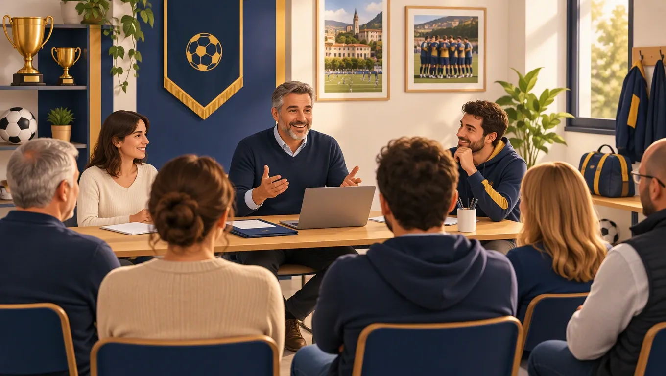 Assemblea dei soci di una ASD nella sala del circolo con il presidente al tavolo e i documenti pronti