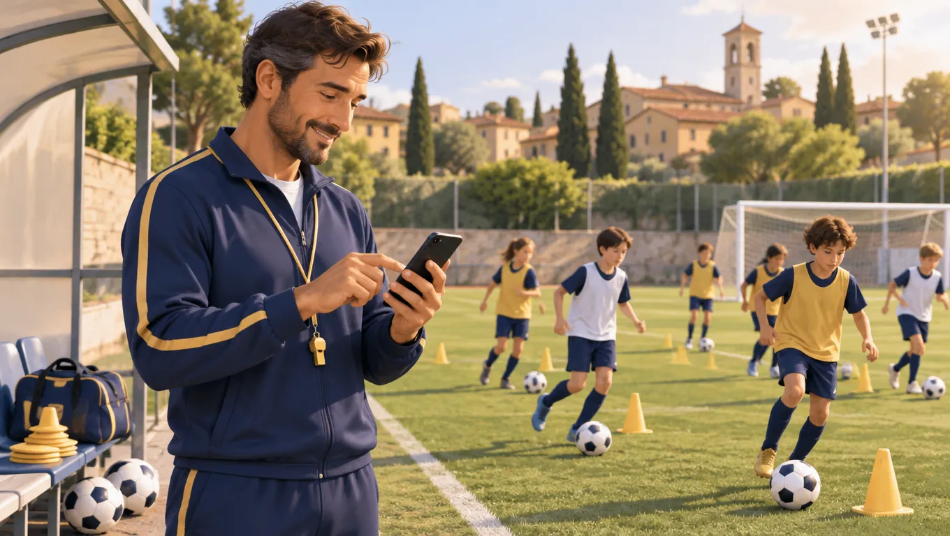 Istruttore di una ASD a bordo campo segna le presenze dell'allenamento sul telefono mentre i ragazzi si allenano