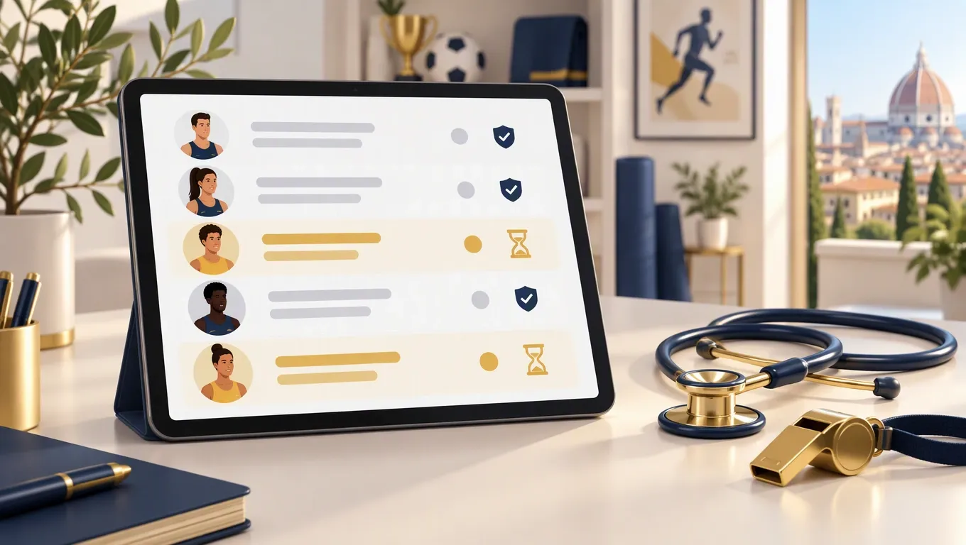 Tablet con l'elenco degli atleti di una ASD e i certificati medici in scadenza evidenziati in oro