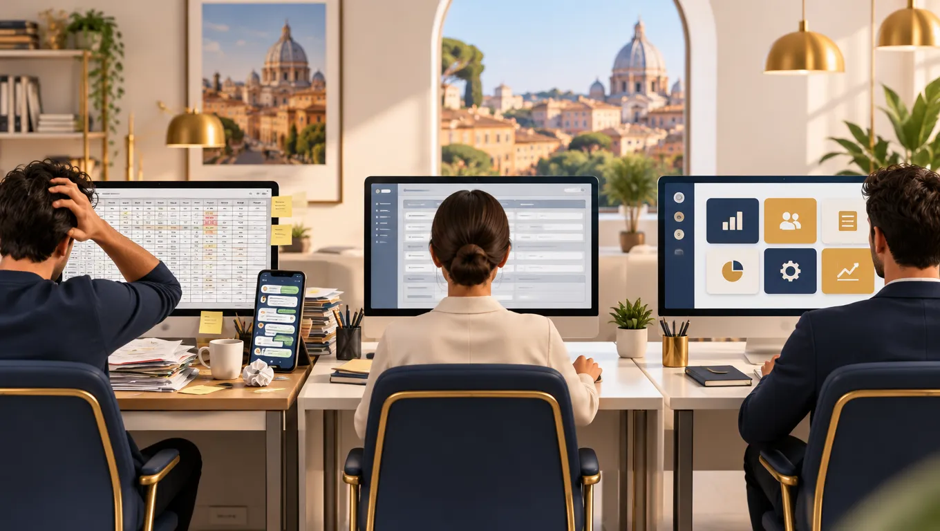 Tre scrivanie affiancate: un foglio di calcolo con un telefono, un software standard e un gestionale ordinato con moduli colorati