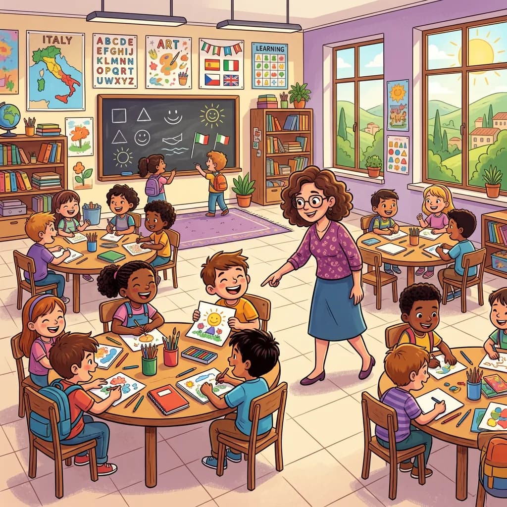 Aula scolastica con clima positivo e studenti che collaborano in gruppo