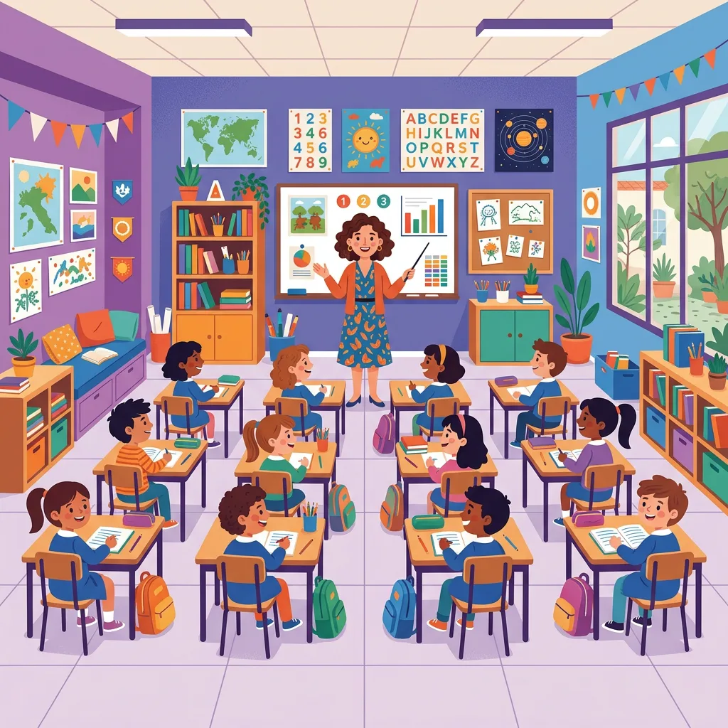 Docente che gestisce una classe con studenti attenti e coinvolti in un ambiente scolastico positivo