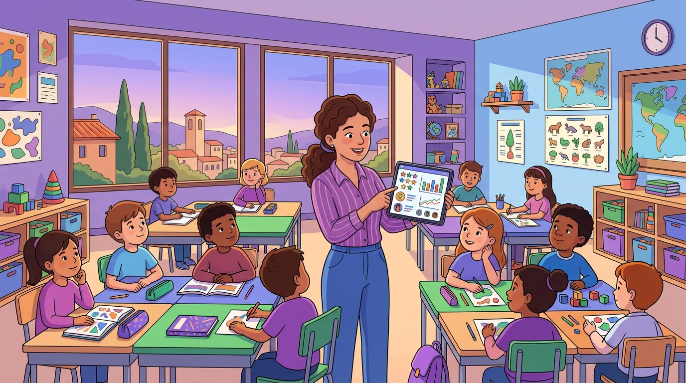 Docente che si rivolge alla classe con gesti accoglienti in un'aula luminosa