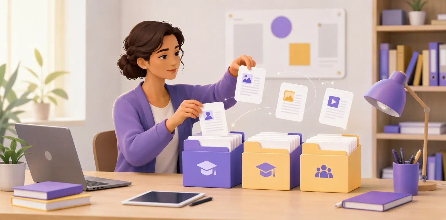 Docente che organizza i documenti digitali della classe in un archivio ordinato per anno e materia