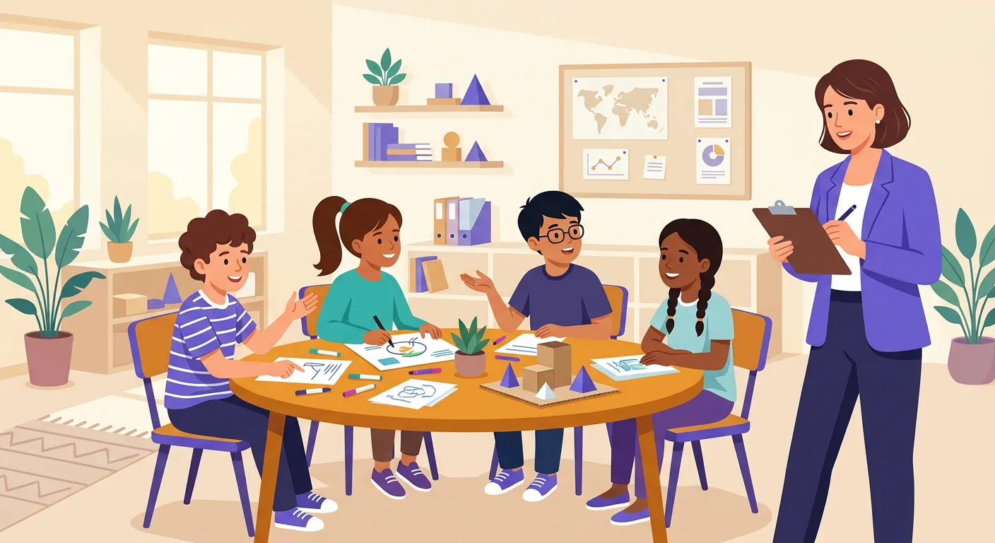 Docente che osserva le competenze trasversali degli studenti durante un'attività di gruppo in classe